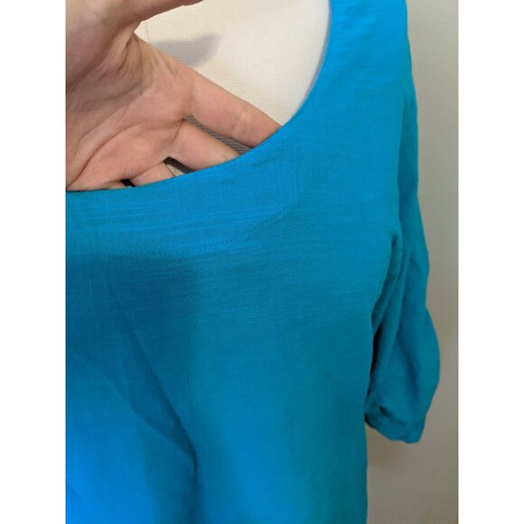 Womens Turquoise 100% Cotton Texture Tunic Top 3/4 Ruched Sleeve Lagenlook XL - Picture 3 of 8